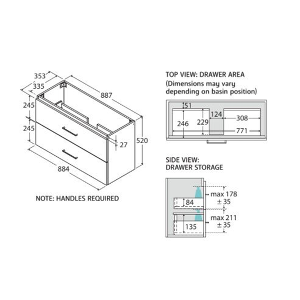 Fienza Carmen 900 Ensuite All Drawer Wall Hung Vanity Std Stone Basin Not Inc A/C Only