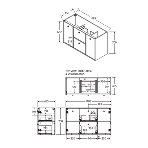 Fienza Cierra 1200 Wall Hung 2D/2Dr Double Bowl Cabinet Only
