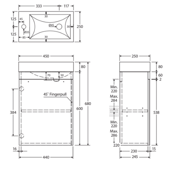 Fienza Edge 450 Ensuite Wall-Hung Vanity, No Overflow, Satin White