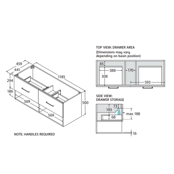 Fienza Kassi 1200 Sgl Wall Hung Vanity 2 Dr 2 Shelf Premium Benchtop Basin Not Included