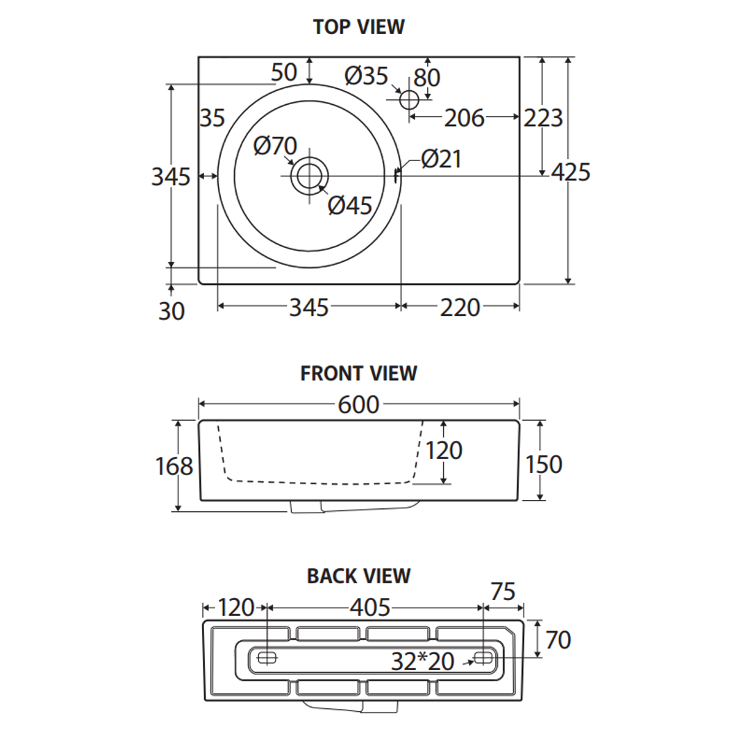 Fienza Reba Wall Basin Left Bowl - 1 Tap Hole