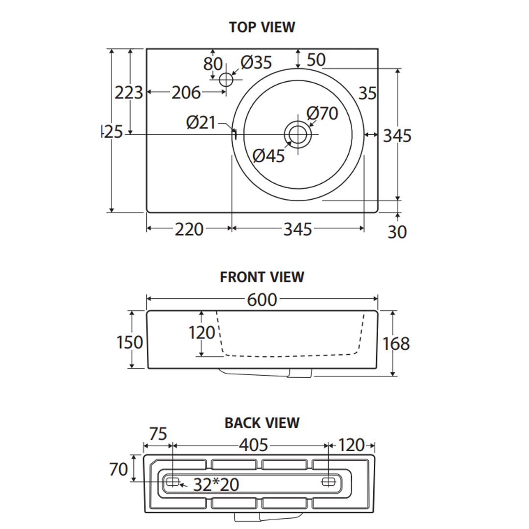 Fienza Reba Wall Basin Right Bowl - 1 Tap Hole