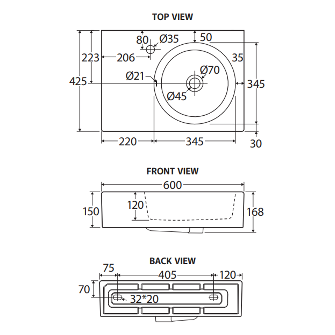 Fienza Reba Wall Basin Right Bowl - No Tap Hole