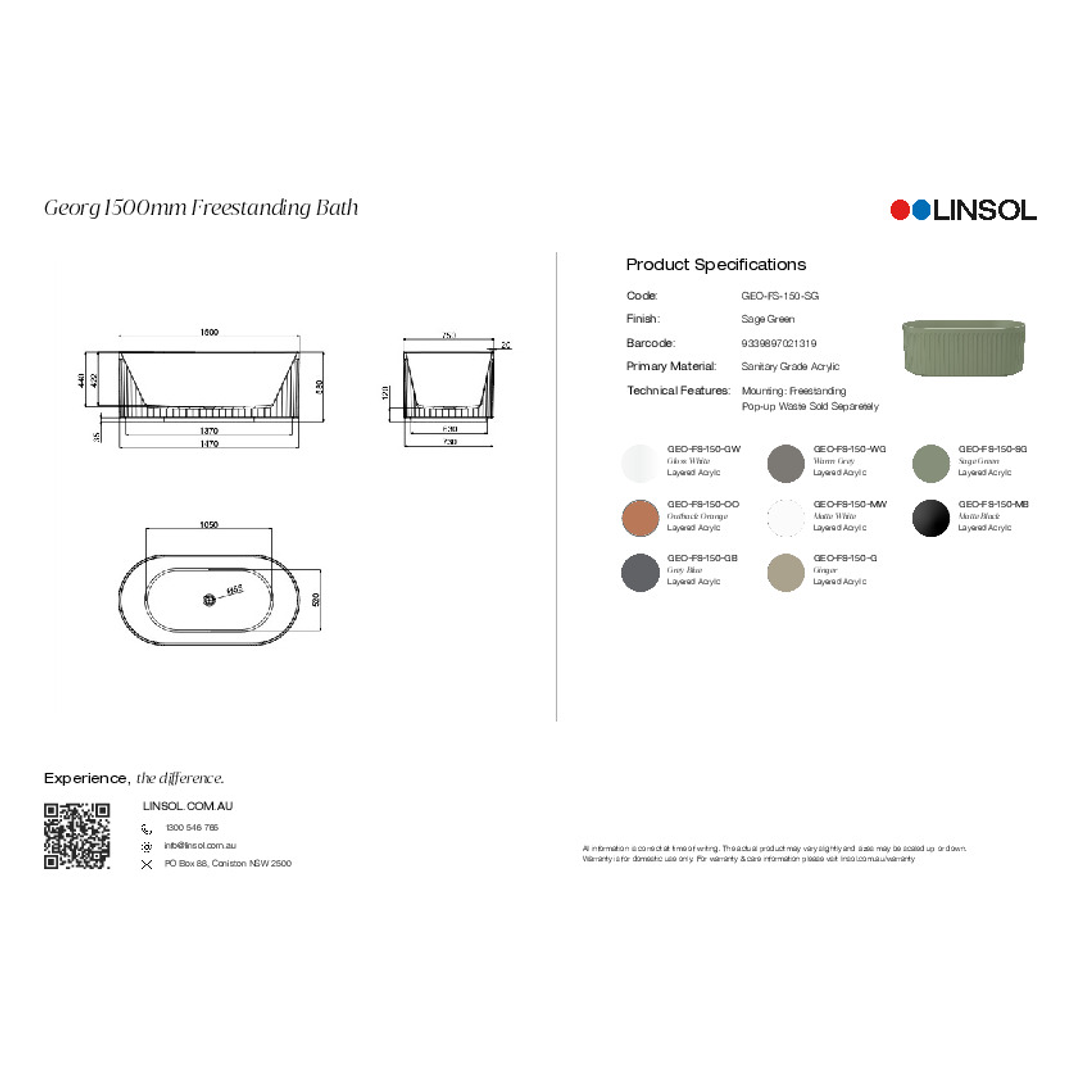 Linsol Cleo 1700Mm Freestanding Bath With Overflow Sage Green