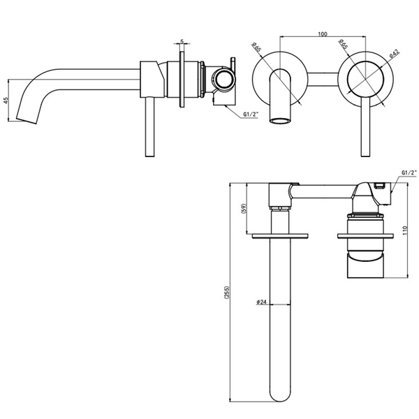 Linsol Gigi S3 2-Plate Wall Basin Or Bath Mixer Brushed Brass