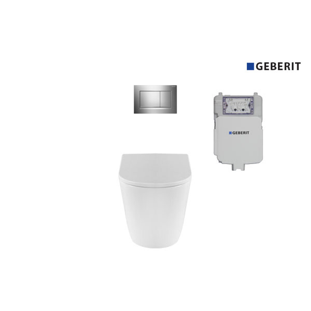Decina Rebee Wall Faced Pan & Geberit In-Wall Cistern & Chrome Square Buttons