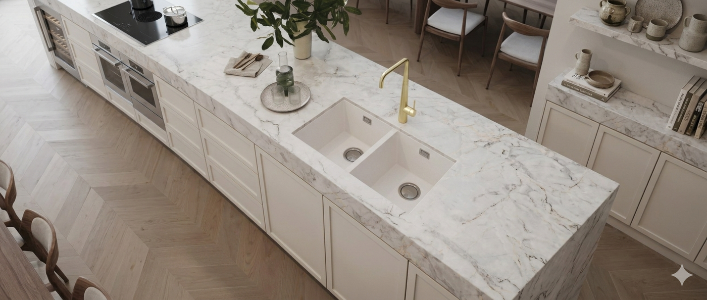 Phoenix matte white double bowl kitchen sink and brushed gold Squareline mixer on a marble island