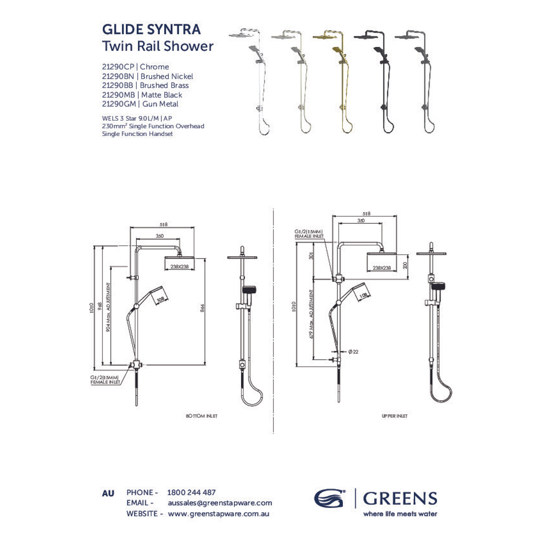 Greens Glide Syntra Rainboost Twin Rail Shower Pvd Gun Metal