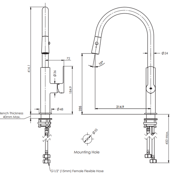 Greens Astro II Pull Down Sink Mixer - Matt Black