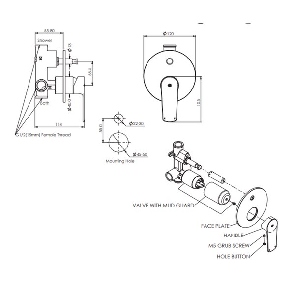 Greens Novi Shower Mixer W/Div Pvd Brushed Nickel