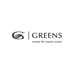 The Greens logo with a stylized wave icon and the tagline 'where life meets water' in black on a solid white background.