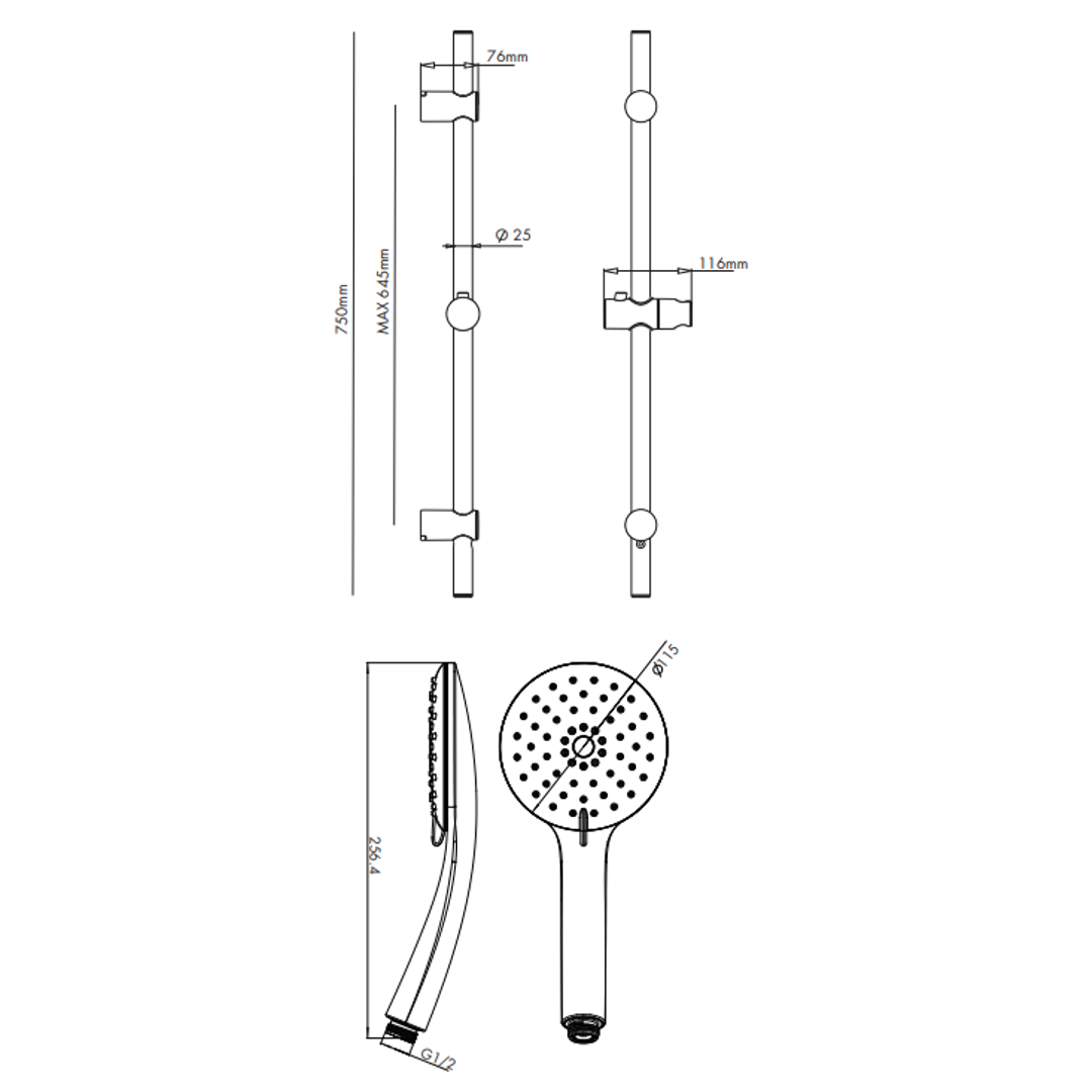 Collis Willow 3F Hand Shower On Retro-Fit Rail Chrome H20013-Rr2