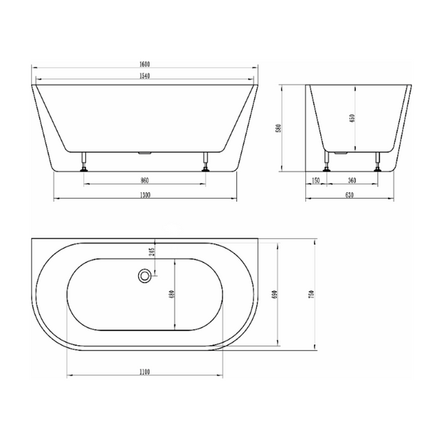 Linsol Idalia 1600Mm Back To Wall Bath With Overflow Gloss White