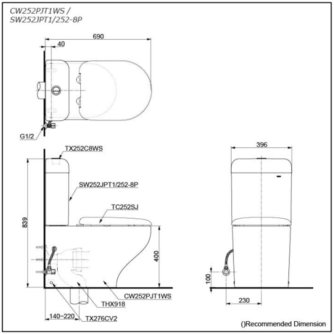 TOTO Hayon Btw Cistern Sw252Jpt1/252-8P