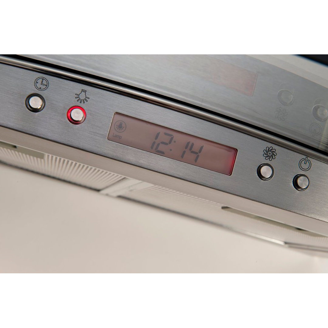 Close-up of a brushed metal appliance control panel with a digital display showing 12:14 and several round buttons with icons.