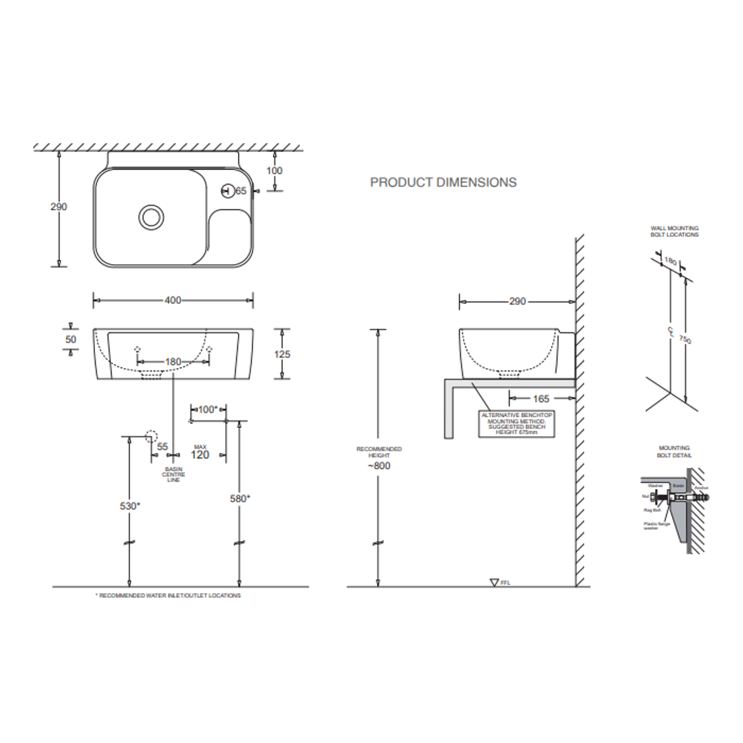 Johnson Suisse Gemelli Compact Wall Hung Basin 1 Tap Hole 400 X 290