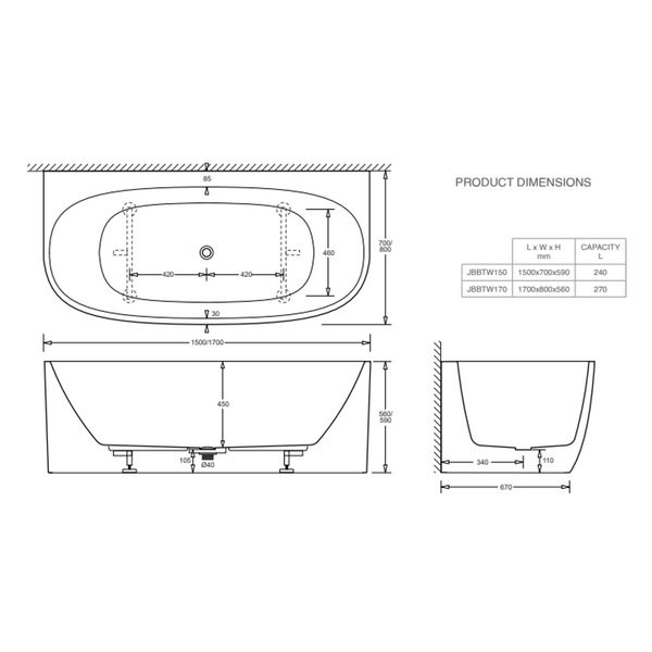 Johnson Suisse Venezia Btw Acrylic Bath 1500 X 700 X 590 Of P&W