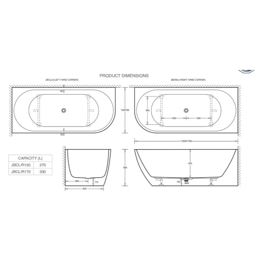 Johnson Suisse Venezia Corner Left Acrylic Bath 1700 X 750 X 590 Of P&W