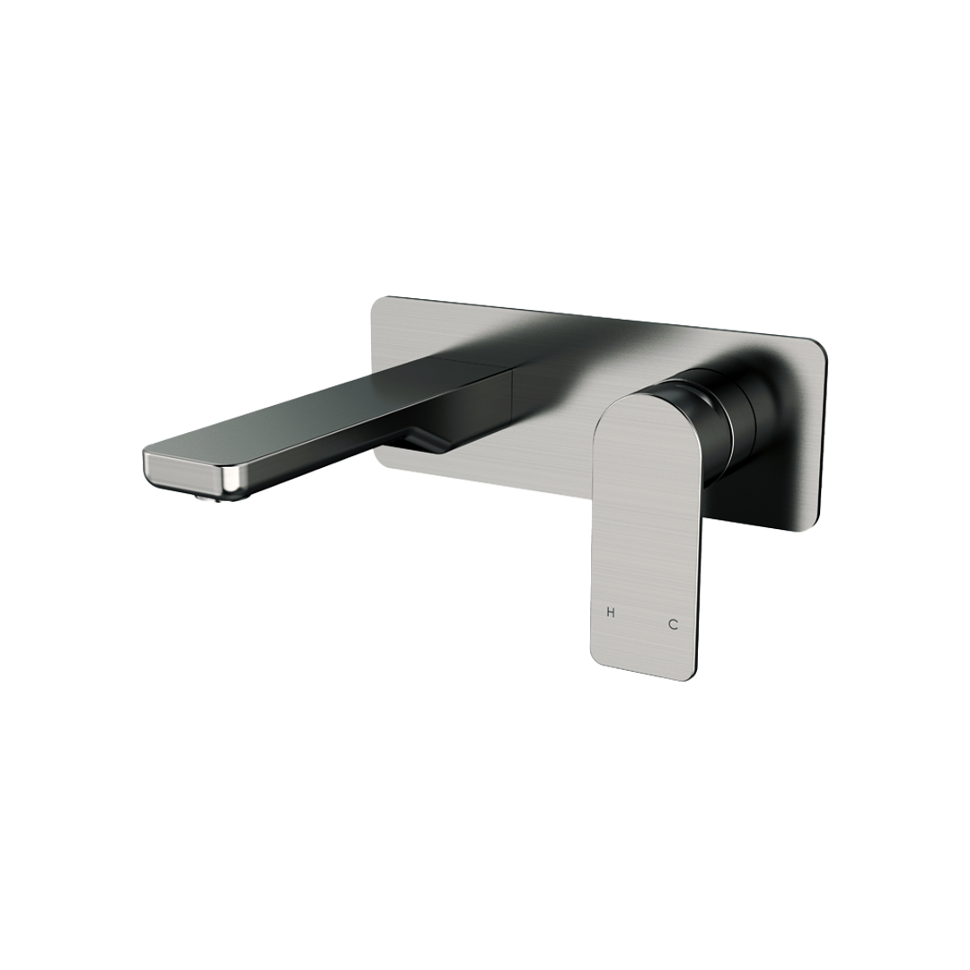 STREAMLINE KIBO WALL MOUNT 150MM (PROJ) SPOUT BASIN MIXER W. PLATE EXT. PART_BRUSHED GUN METAL PVD