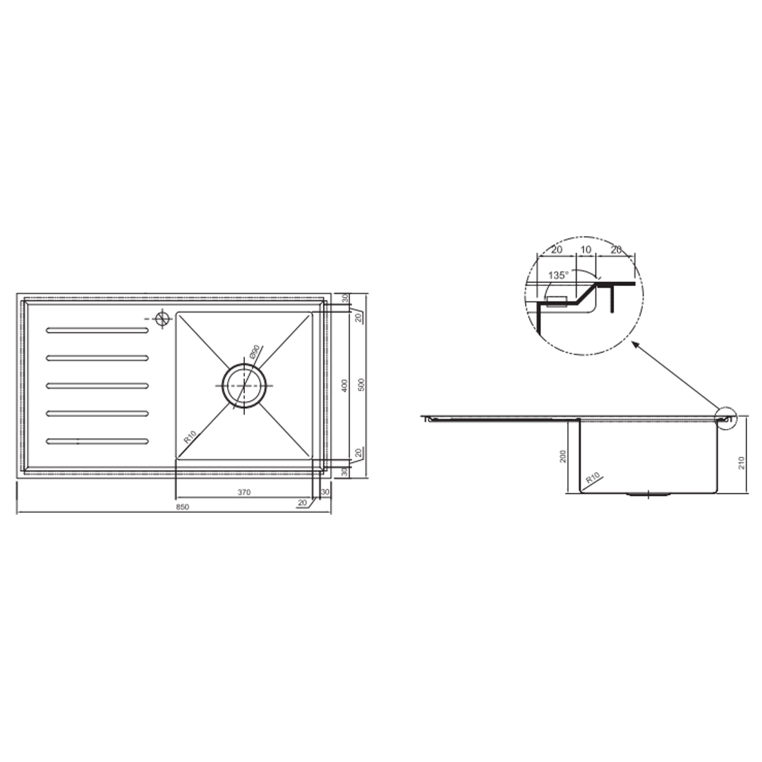 Interchange Kingston Single Bowl Sink with Drainer - 850 X 500 X 200