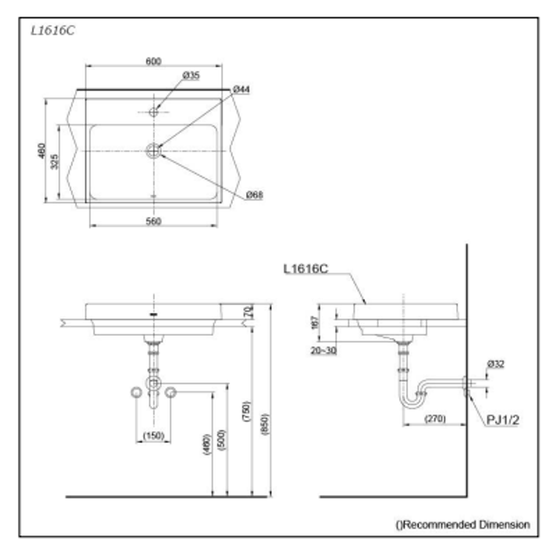 TOTO Console Lavatory 600W X 460D X 70H 1 Tap Hole L1616C#W