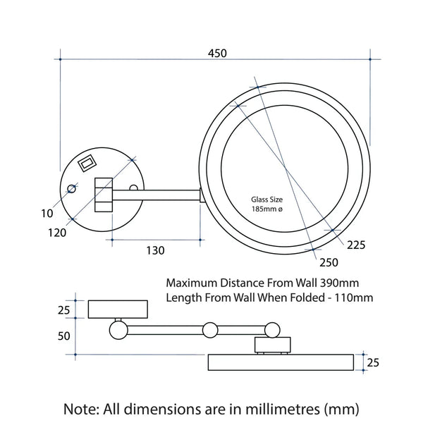 3X Magnification Brsh Brass Wall Mounted Shav G Mirror, 250Mm Diameter With Concealed Wir G - Burdens Plumbing