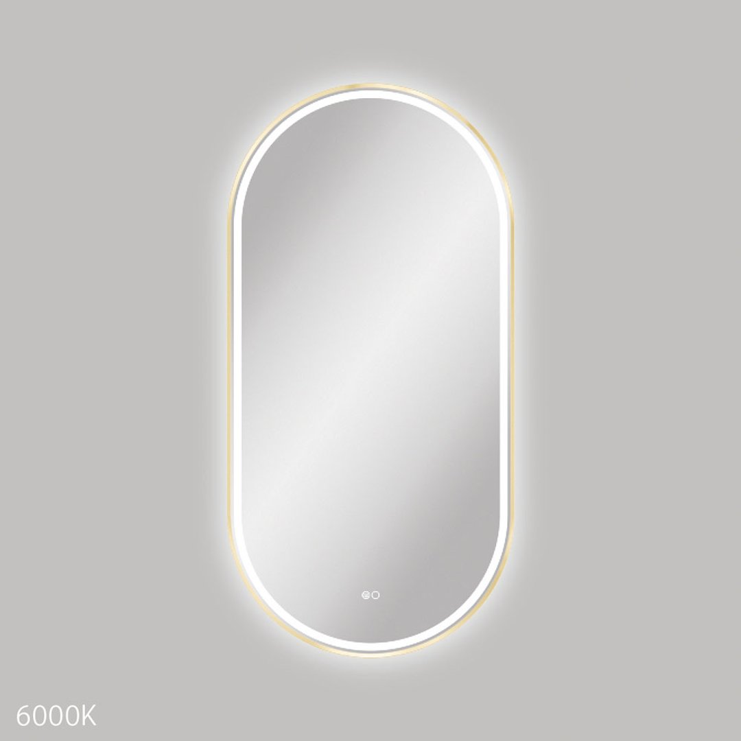 Fienza Empire Led Framed Pill Shaped Mirror C/W Dim Sensor & Demister 600X1200 Urban Brass