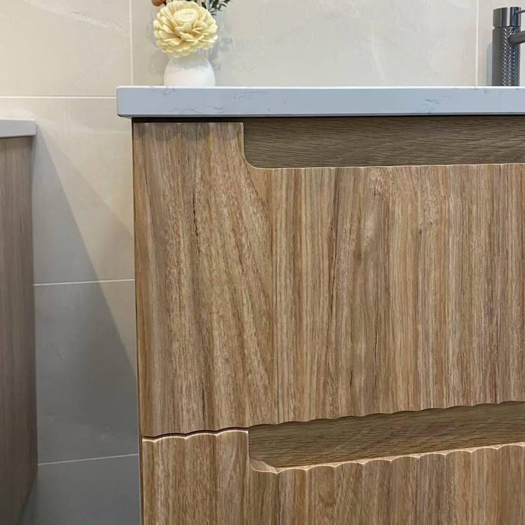 Aulic Lovina Tier Wall Hung Single Harvest Oak Fluted Cabinet 1500X460X425mm & Alpine Flat Stone Top