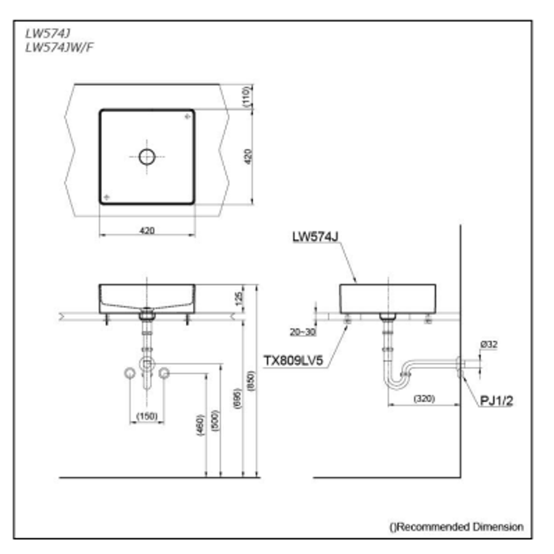 TOTO Console Lavatory 420W X 420D X 125H W/ Brackets Lw574Jw/F#W