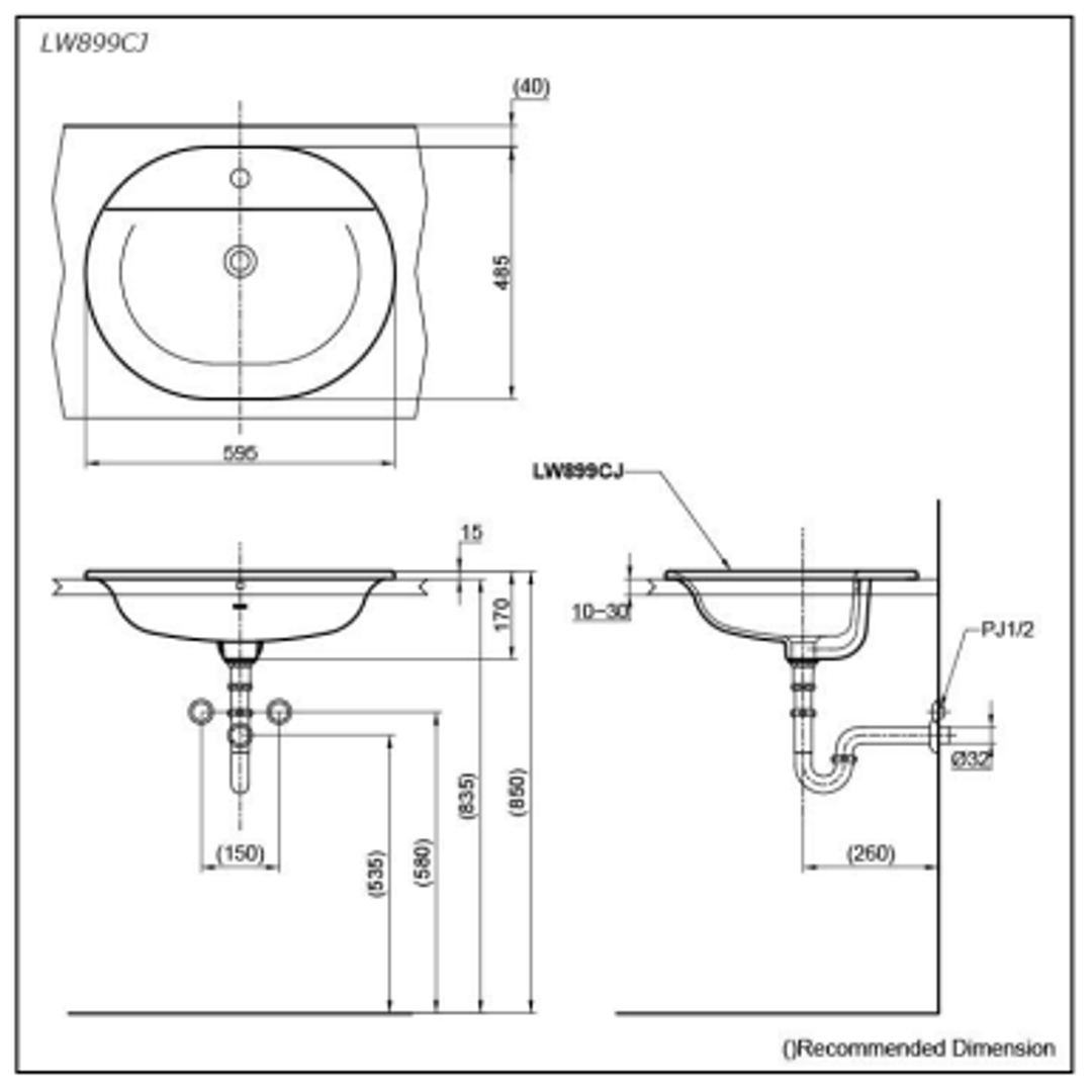 TOTO Self-Rimming Lavatory 595W X 485D 3 Tap Holes LW899J