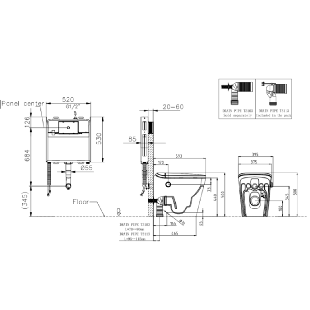 Lafeme Autolux Inwall Cistern Floor Pan Smart Toilet 592X400X492mm & Brushed Nickel Flush Plate