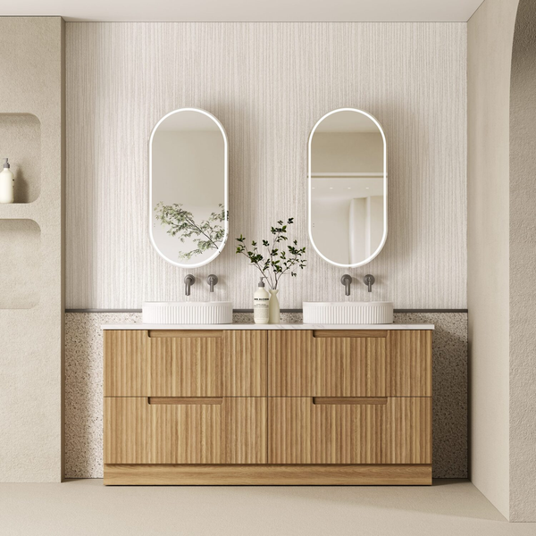 Aulic Lovina Floor Standing Double Harvest Oak Fluted Cabinet 1800X460X425mm With Pure Flat Stone Top