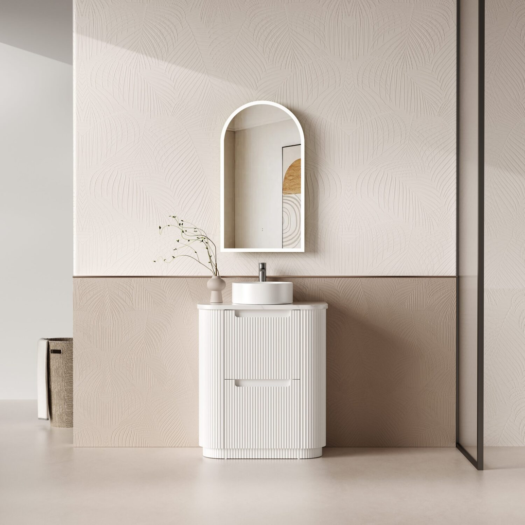 Aulic Curva Floor Standing Matt White Fluted Curved Cabinet 750X460X880mm With Pure Flat Stone Top
