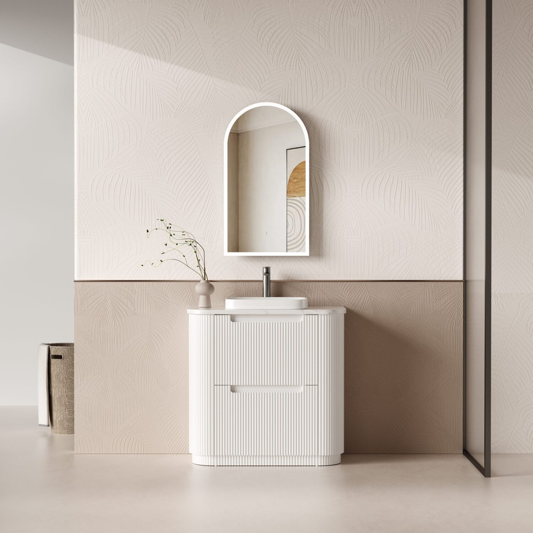 Aulic Curva Floor Standing Matt White Fluted Curved Cabinet 900X460X880mm With Alpine Flat Stone Top