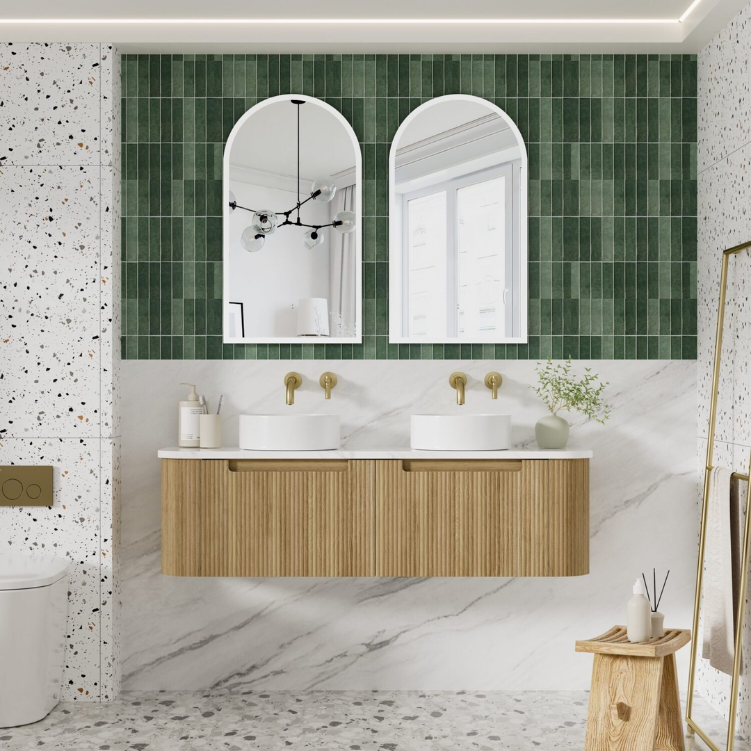 Aulic Varcelli Mono Wall Hung H/Oak Fluted Curved Cabinet 1500X460X425mm & Palis White Flat Stone Top