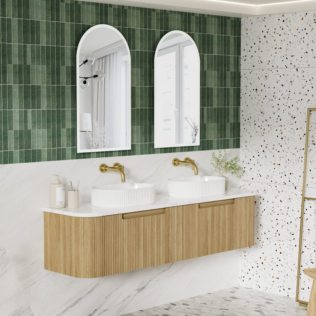 Aulic Varcelli Mono Wall Hung H/Oak Fluted Curved Cabinet 1500X460X425mm & Palis White Flat Stone Top