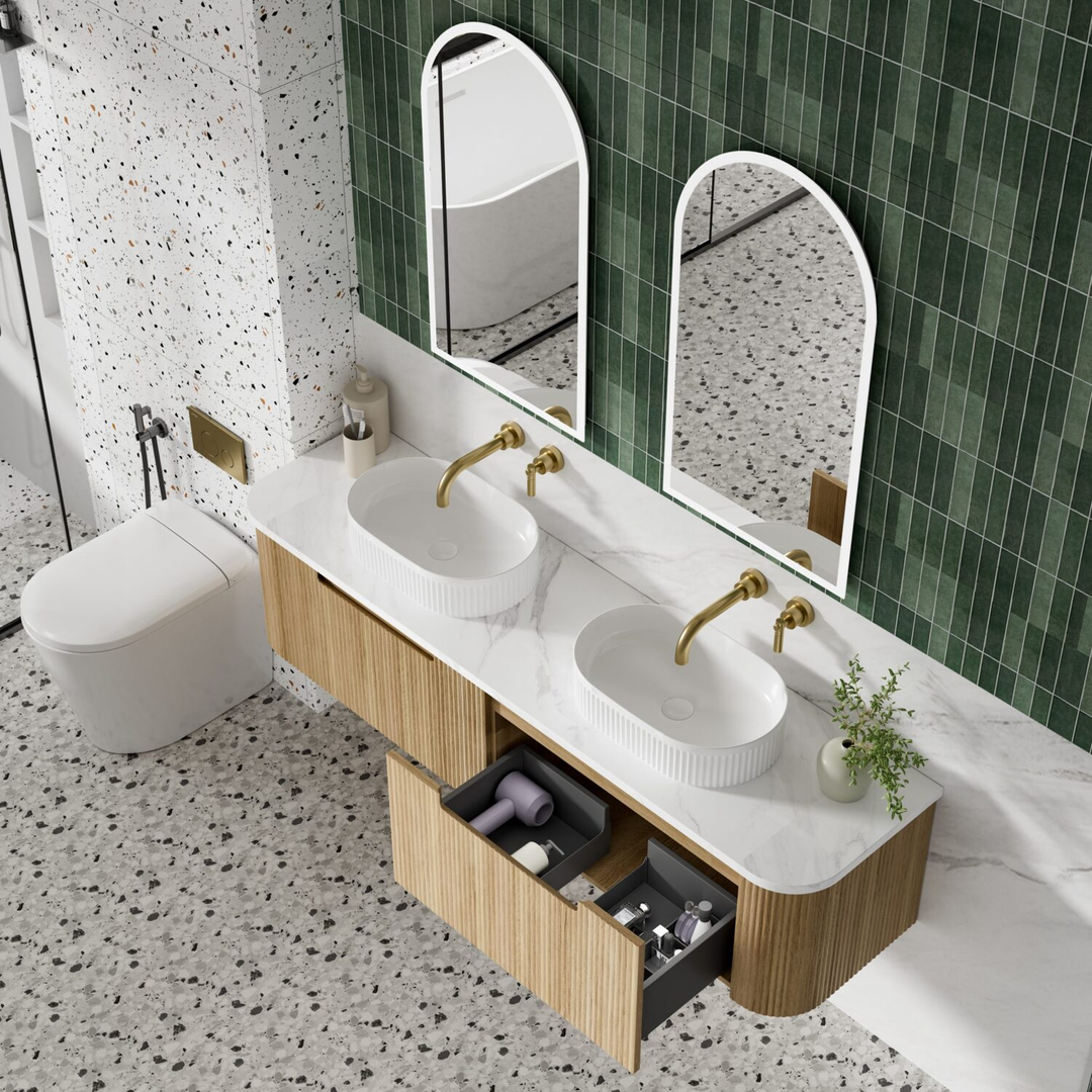 Aulic Varcelli Mono Wall Hung H/Oak Fluted Curved Cabinet 1800X460X425mm & Palis White Flat Stone Top