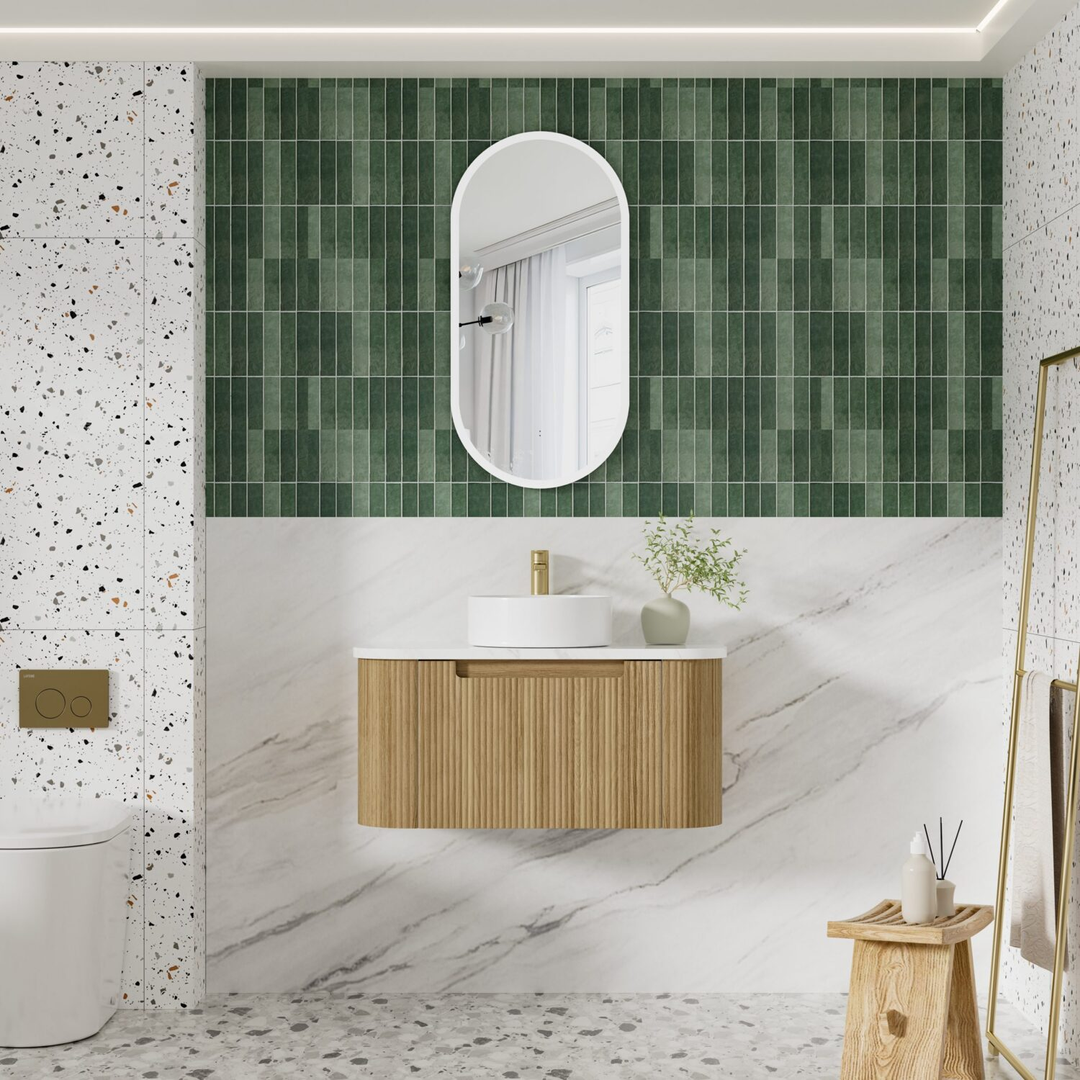 Aulic Varcelli Mono Wall Hung 900mm Harvest Oak Fluted Curved Cabinet 880X450X400mm