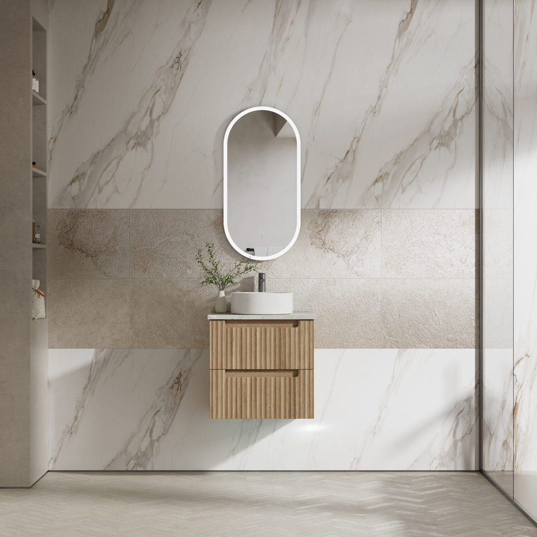 Aulic Lovina Tier Wall Hung Harvest Oak Fluted Cabinet 750X460X425mm With Cato Flat Stone Top