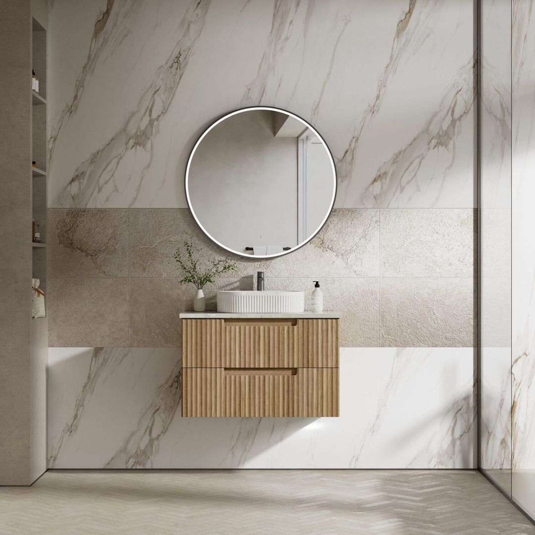 Aulic Lovina Tier Wall Hung Harvest Oak Fluted Cabinet 900X460X425mm With Cato Flat Stone Top