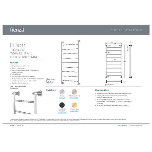 Fienza Lillian Heated Towel Rail 60120 Brushed Nickel 9 Bars 600 X 1208 X 95mm