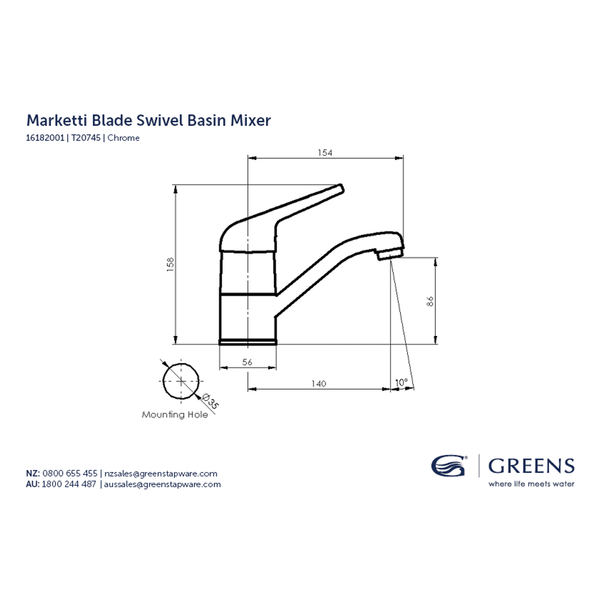 Greens Marketti Blade Basin Mixer (Swivel) Chrome