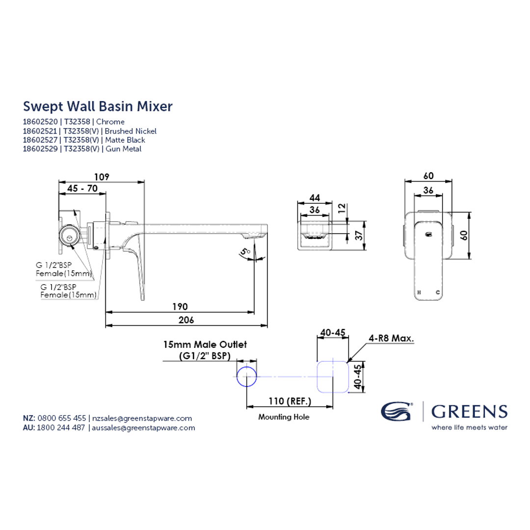 Greens Swept Wall Basin/Bath Mixer Pvd Brushed Copper