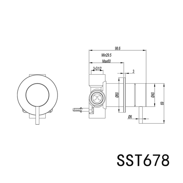 Technical drawing of a mechanical component with dimensions labeled, featuring the code SST678.