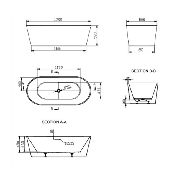 Linsol Joseph 1700Mm Freestanding Bath With Overflow Gloss White