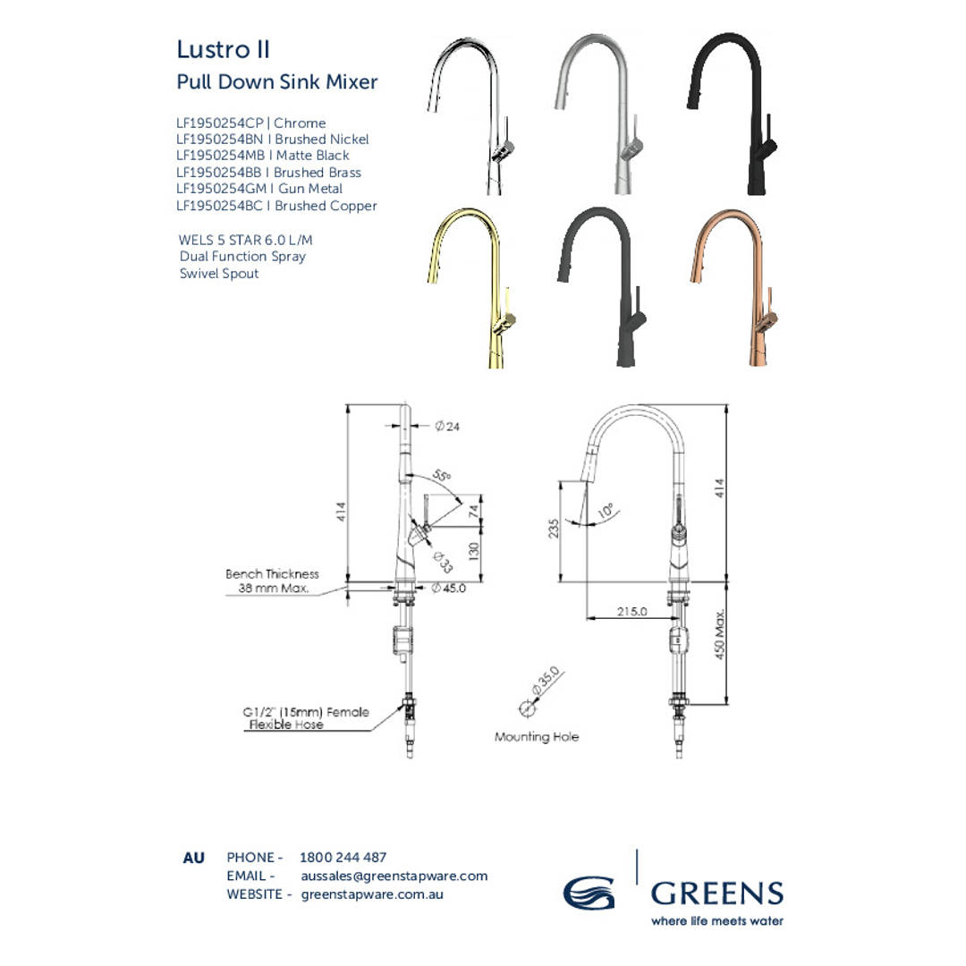 Greens Lustro Ii Pull-Down Sink Mixer Pvd Brushed Nickel