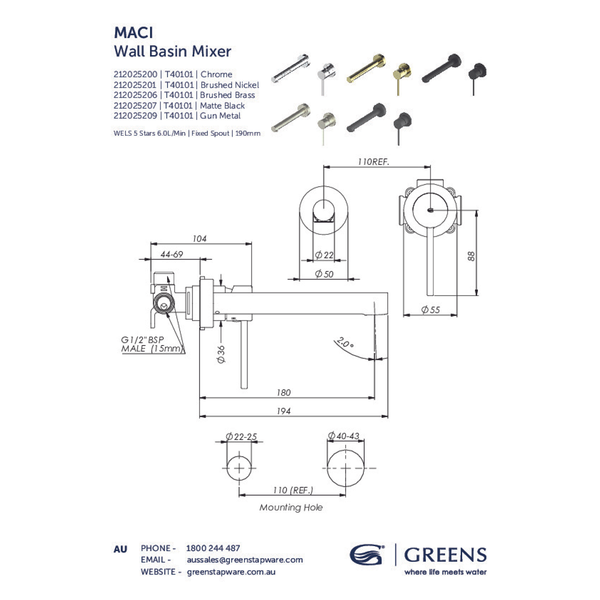 Greens Maci Wall Basin/Bath Mixer Pvd Matte Black