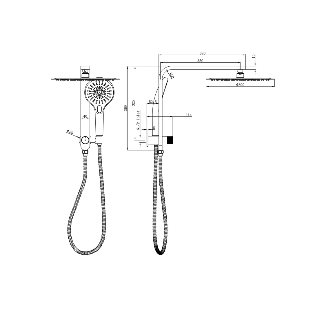 Linsol Mason Short Shower Combo With Multifunction Hand Piece & 300Mm Round Head Brushed Nickel