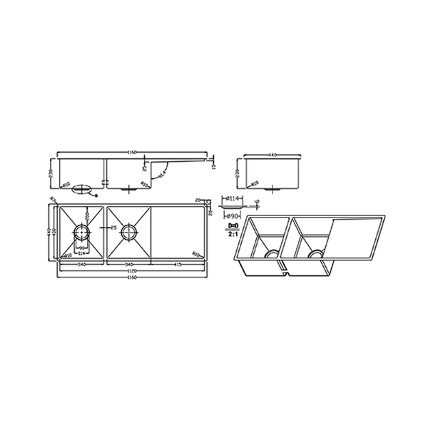 Meir Kitchen Sink Double Bowl & Drainboard 1160X440 Tiger Bronze Mksp-D1160440D-Pvdbb