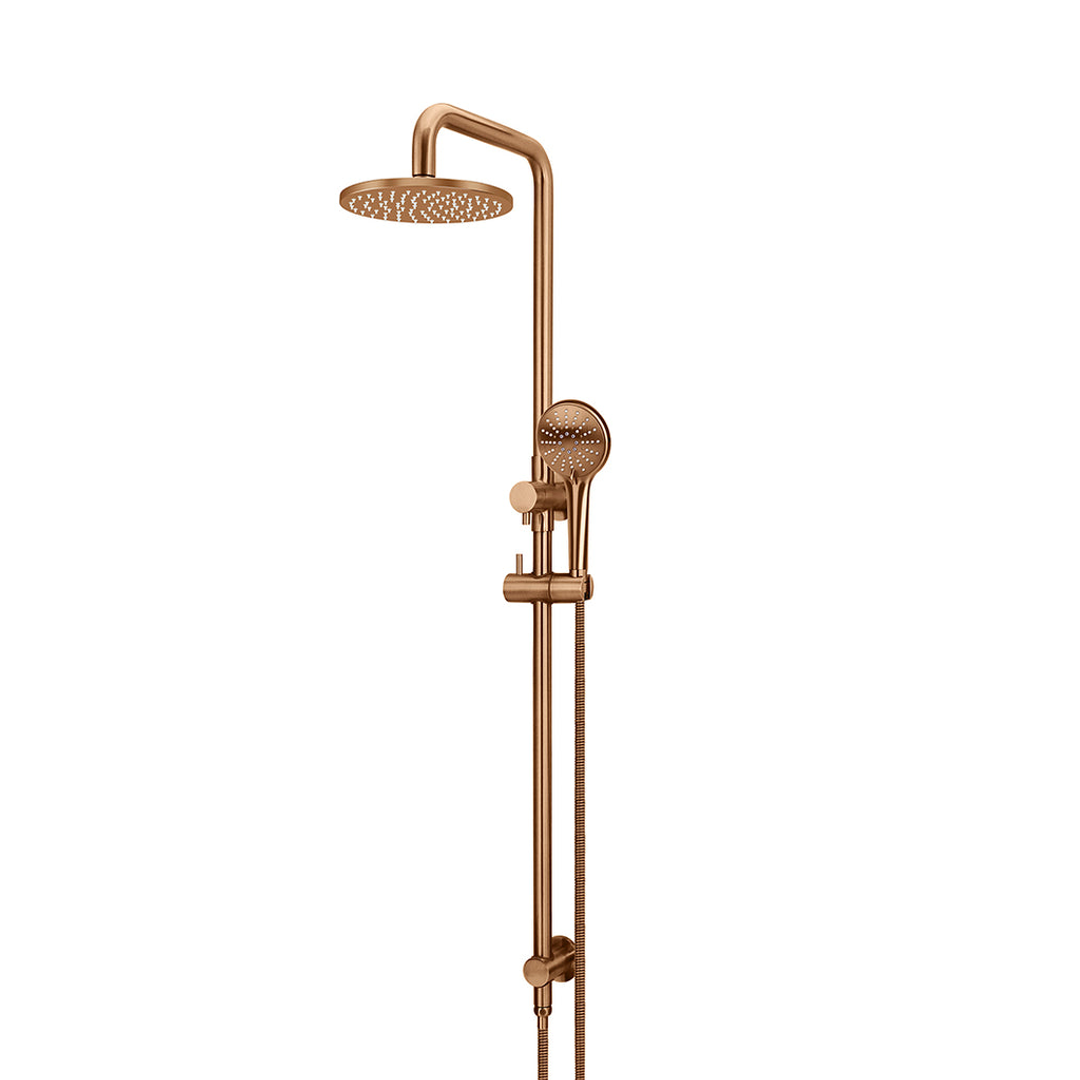 Bronze shower head and handheld shower on a white background